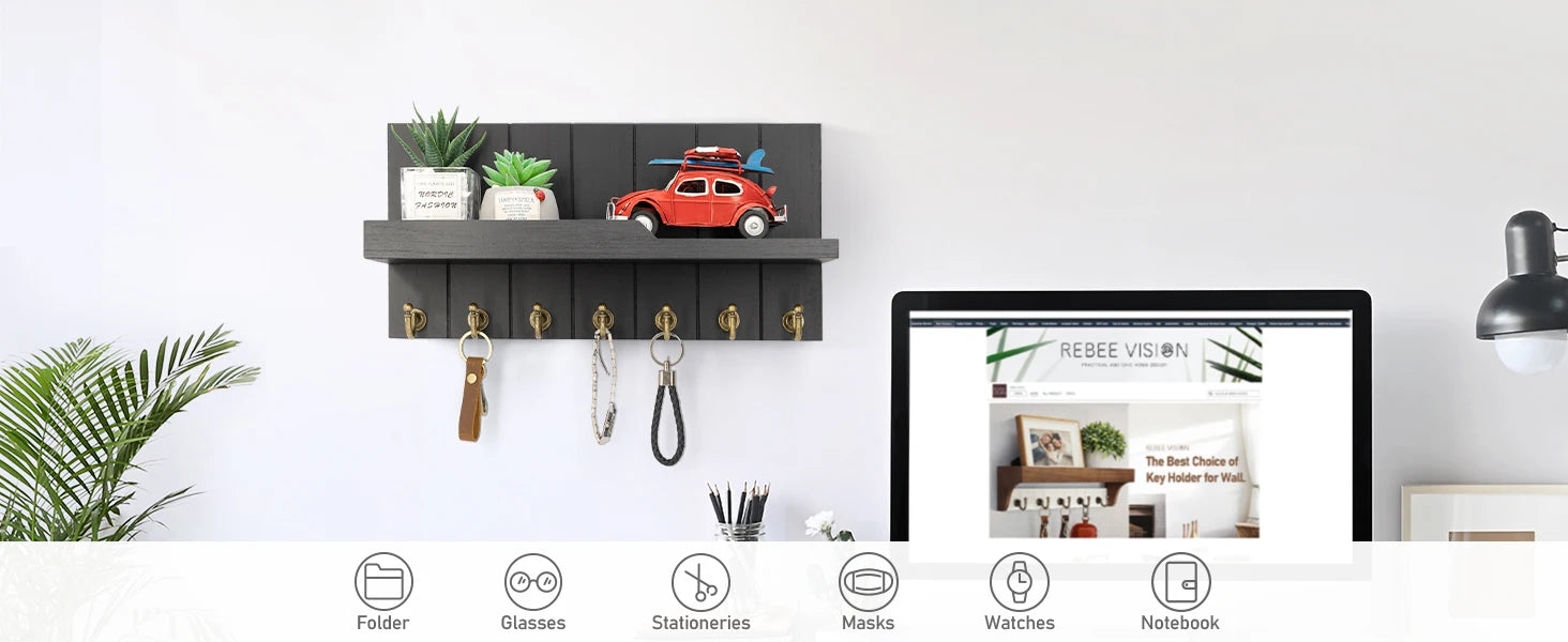 Organiseur mural en bois pour clés et courrier